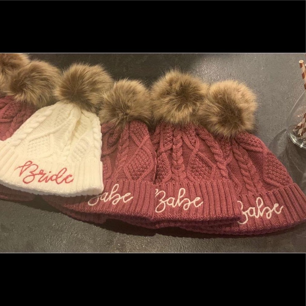 4 beanies. 1 Bride, 3 bridesmaid (babe)